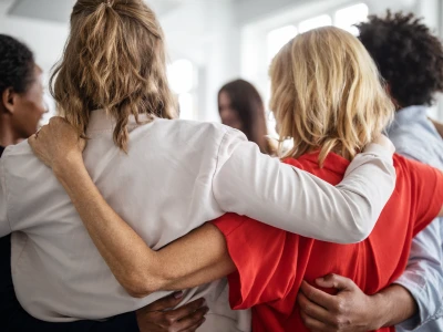 Women standing in a circle with their arms over one another.